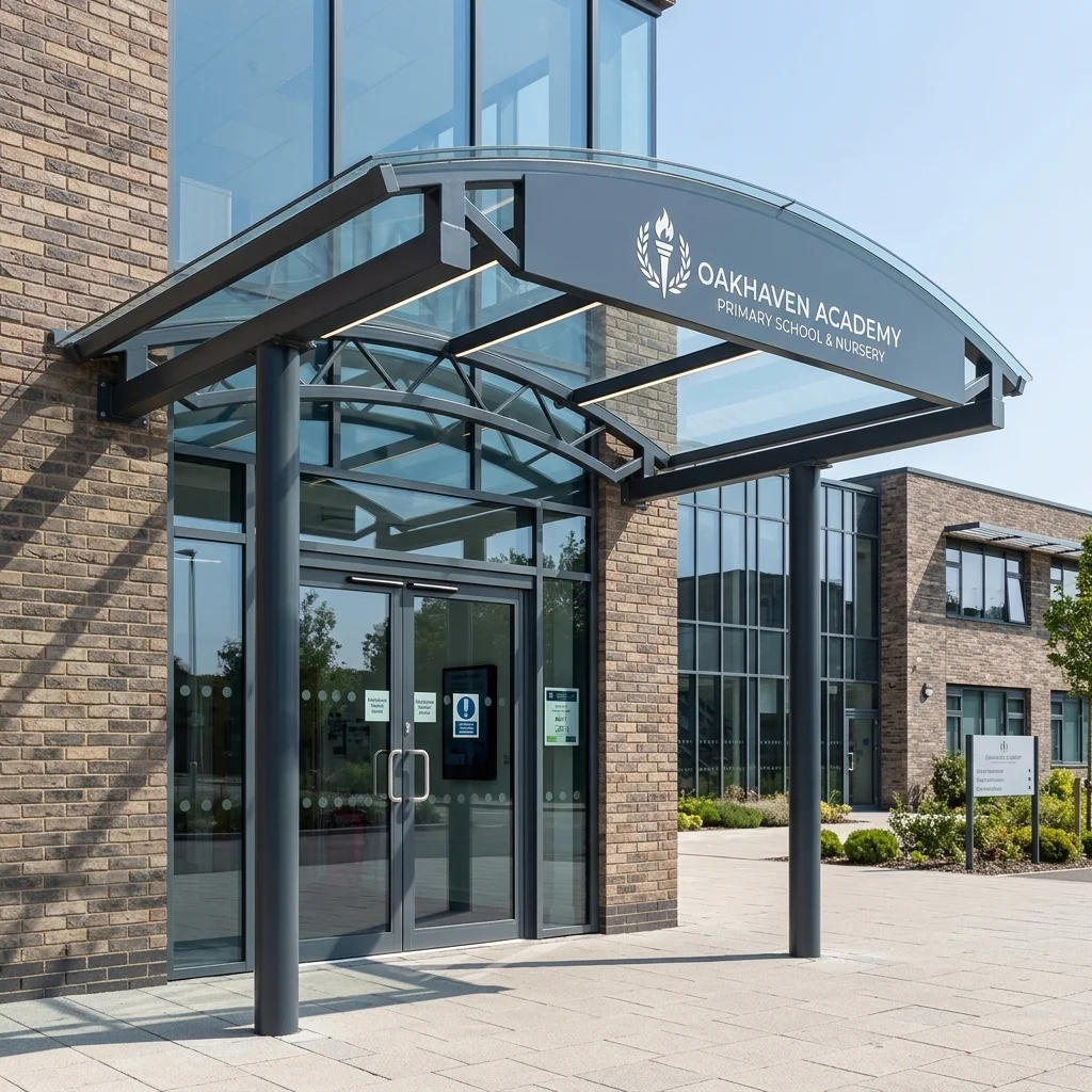 Steel-framed entrance canopy with polycarbonate roof running the length of a brick office building, over glazed double doors